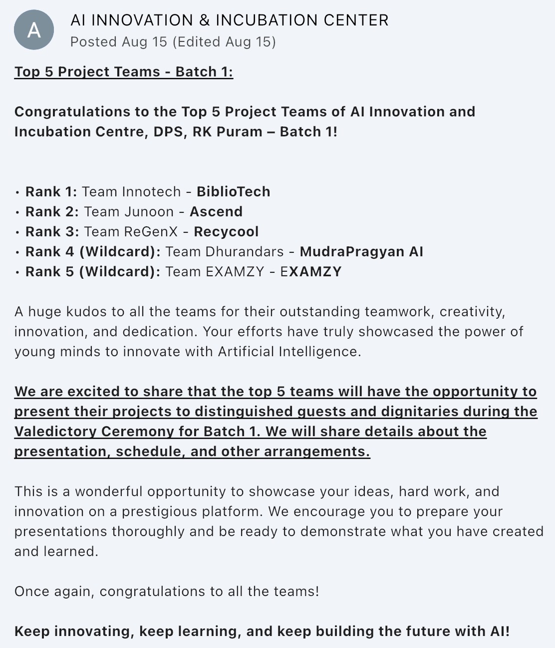 Announcement of the Top 5 Project Teams of Batch 1, with Team Dhurandars, MudraPragyan AI, at Rank 4